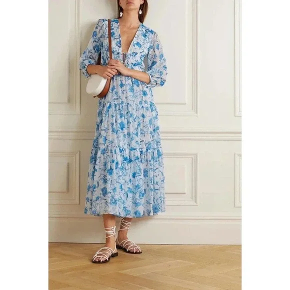 NWOT Borgo de Nor Faustine Floral Cotton Silk Voile Midi Dress - Chinoiserie